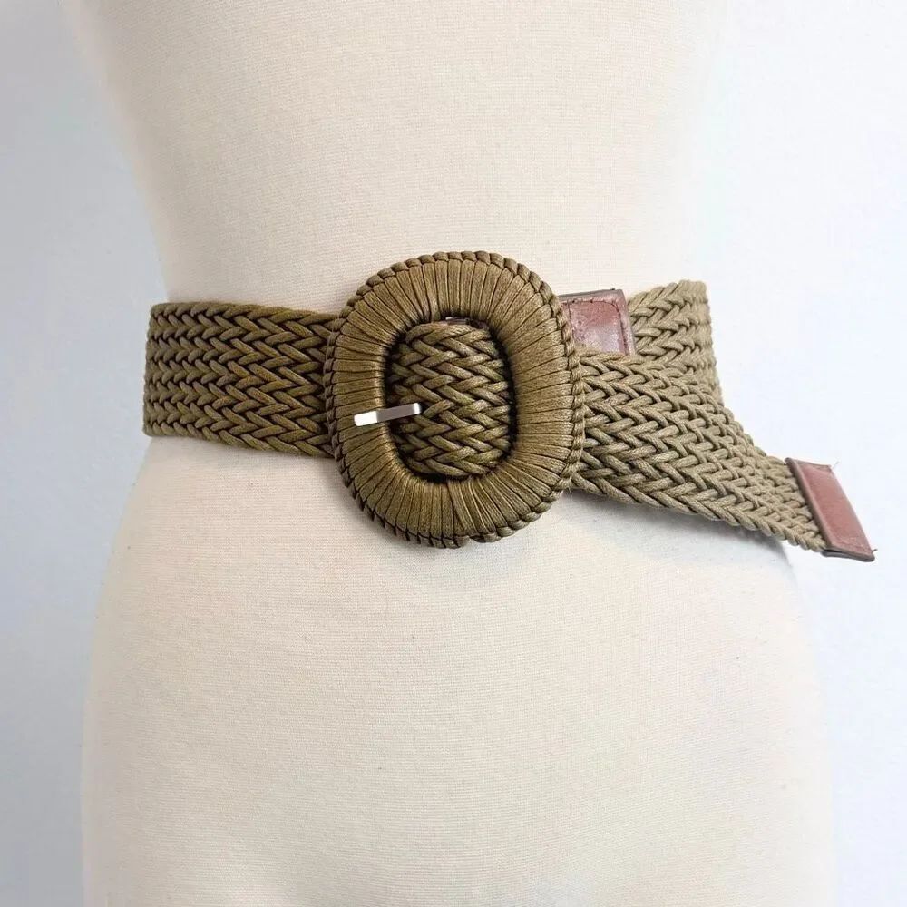 Large Buckle Olive Khaki Crochet Woven Belt Small-Medium Faux Leather